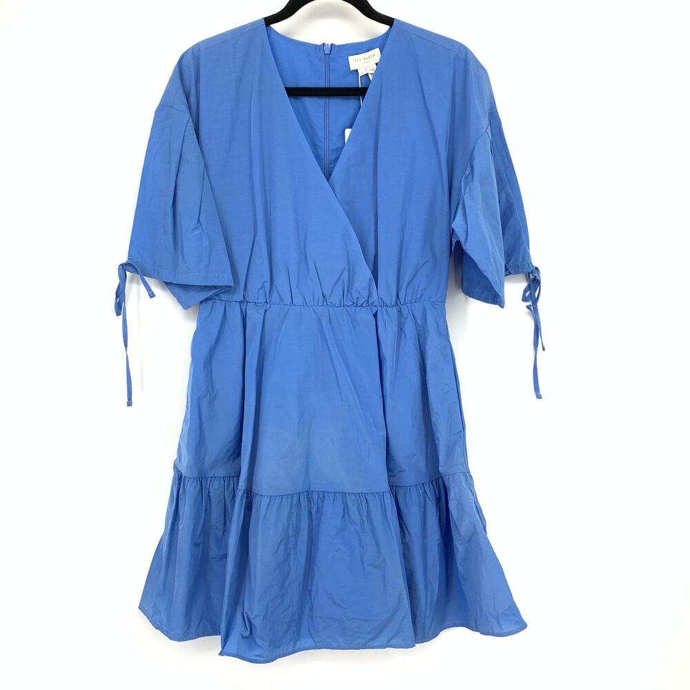 Ted Baker Exaggerated Sleeve Wrap Mini Dress Womens Size 2 US 4 Blue NEW